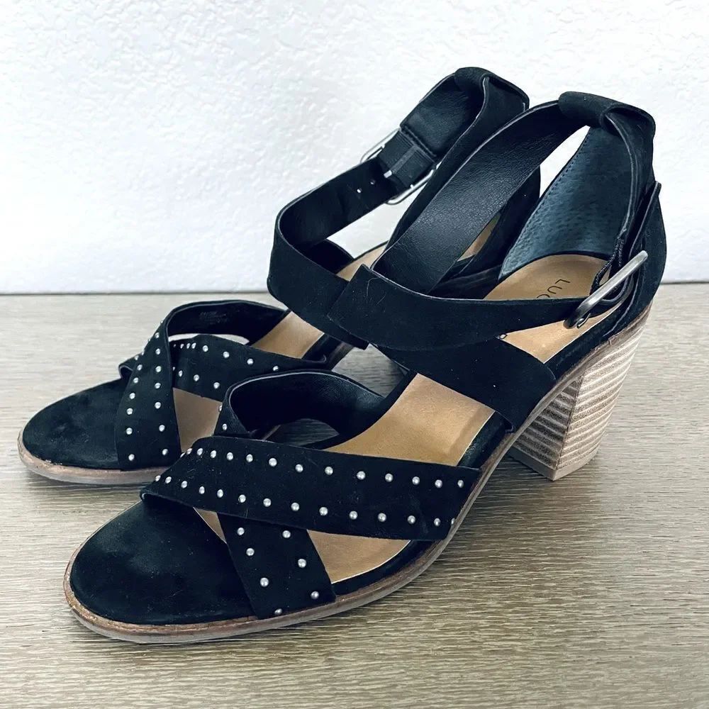 Lucky Brand Black Suede Studded Strappy Heels 8